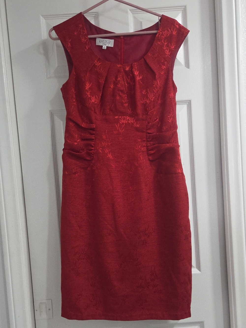 Kasper Red Textured Cap-Sleeve Sheath Midi Dress